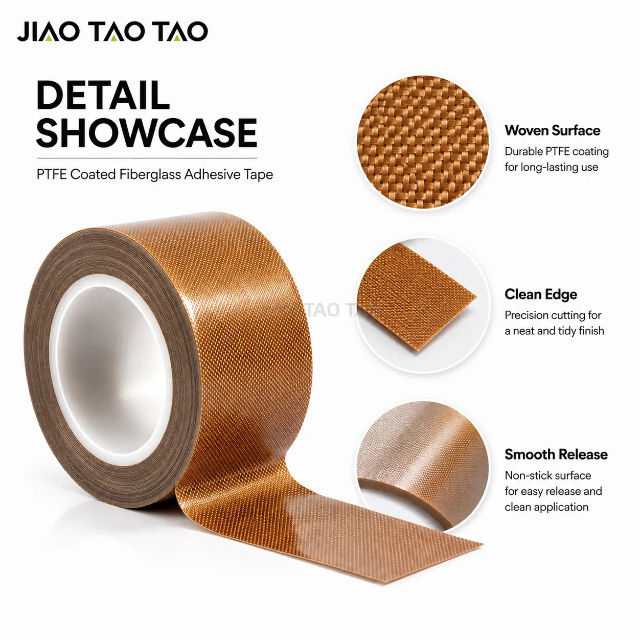 PTFE fiberglass tape material structure showing PTFE coating, fiberglass fabric, and silicone adhesive.